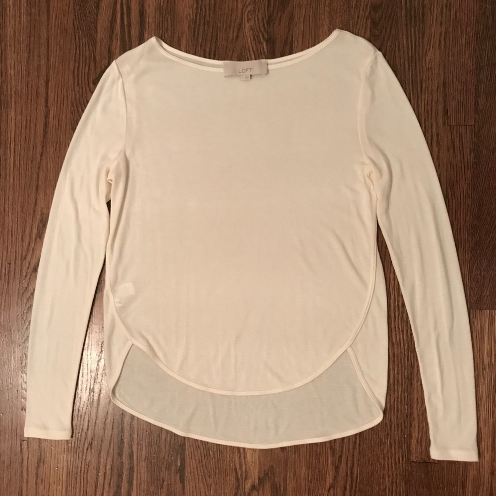 LOFT Off-White Long Sleeve Scoop Hem Shirt, XS
